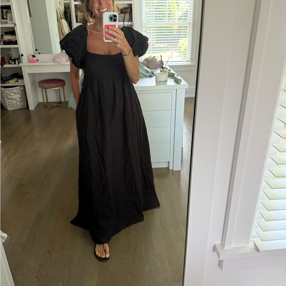 Solai the Label French Riviera Black linen Maxi Dress with Puff Sleeves